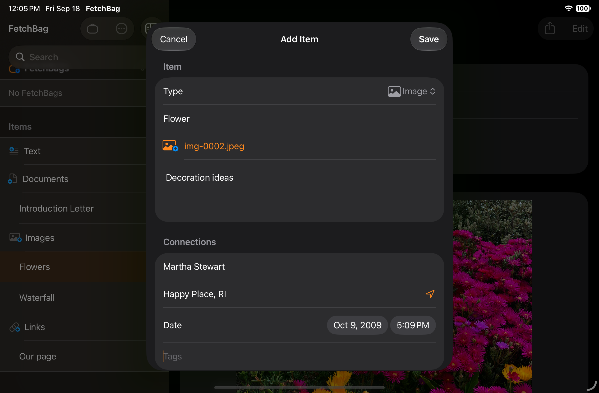 Add Image screen after selecting a photo, with Date and Place automatically filled from image metadata