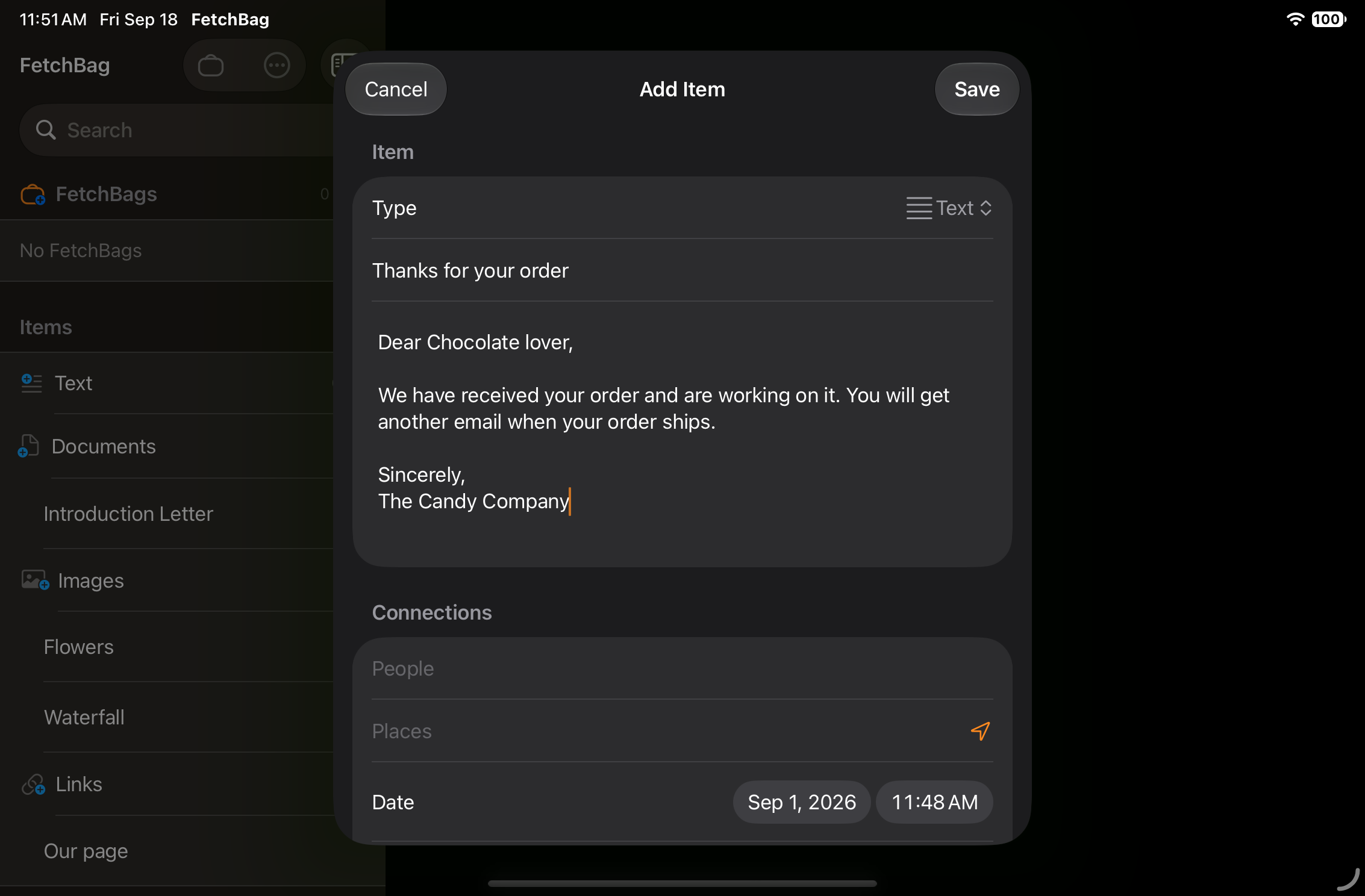 Add Text screen showing Title, Text, Date, People, Places, and Tags fields with sample content