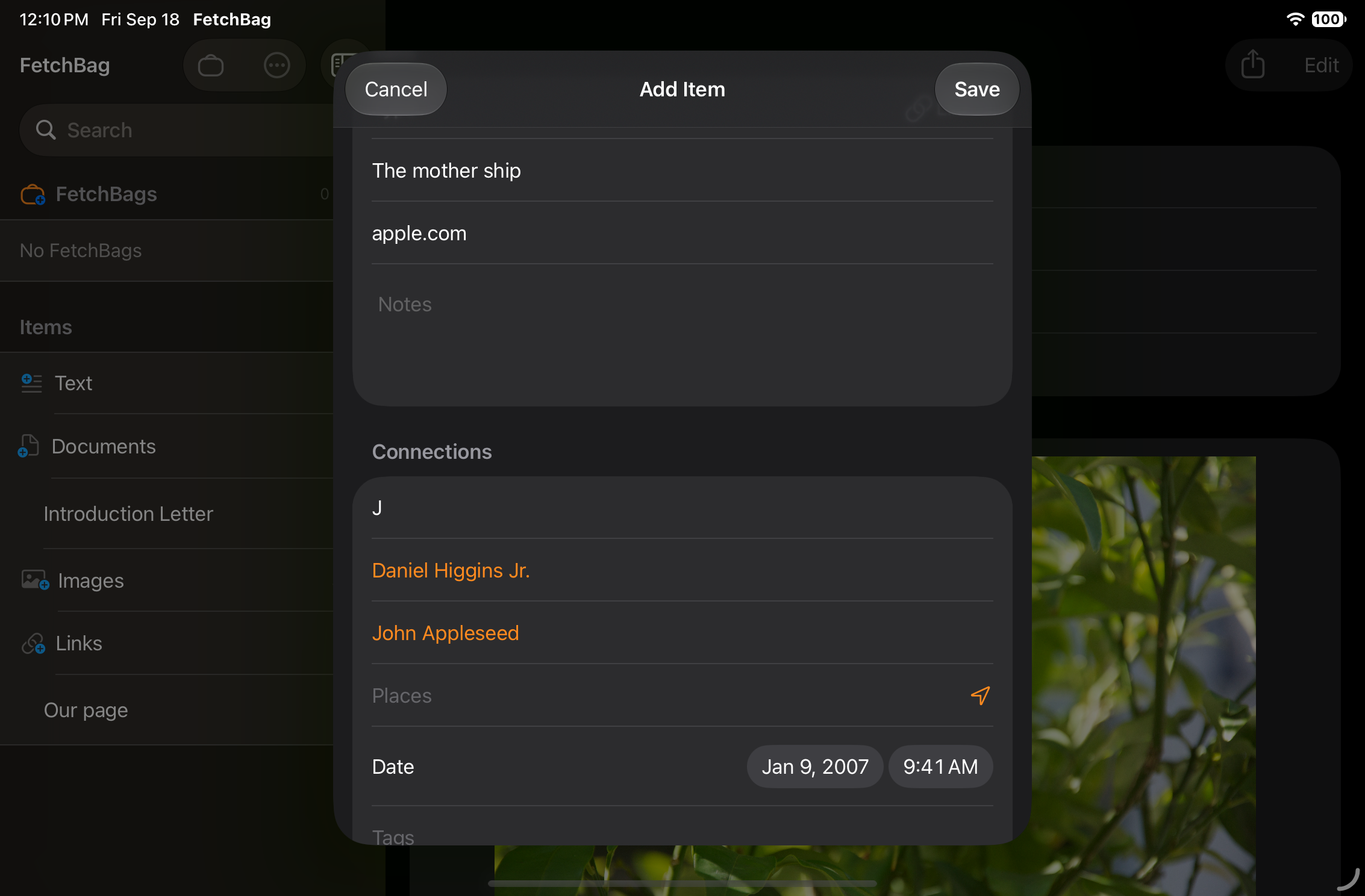 Item editor with inline Contacts suggestions visible beneath the People field