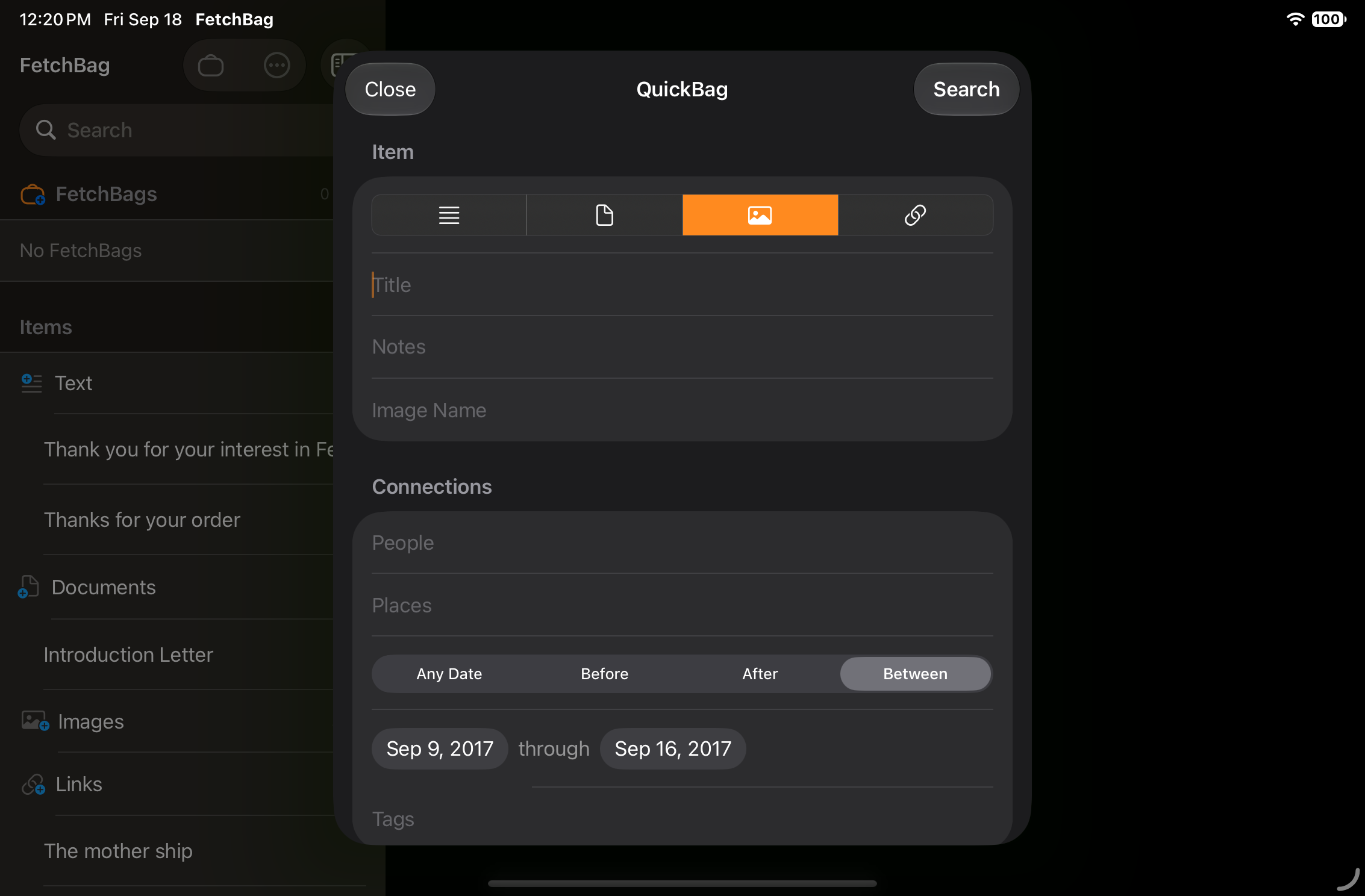 QuickBag definition screen with multiple criteria selected, including Item type, Person, Place, and Date range